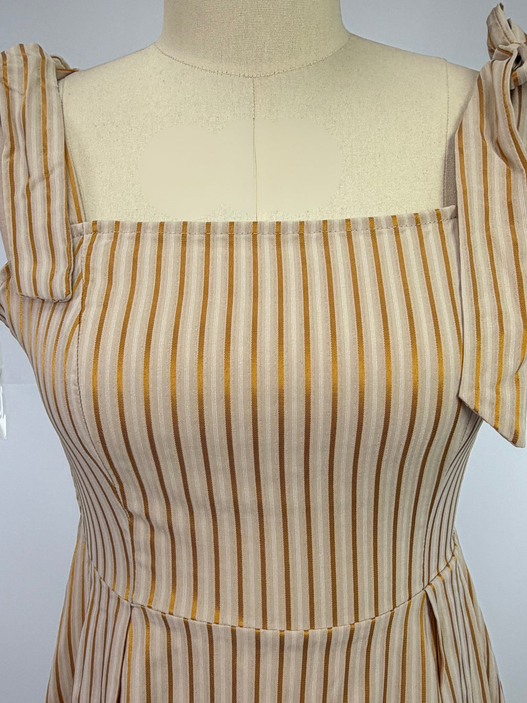 Beige Square Neck Striped Tie Up Strap Dress