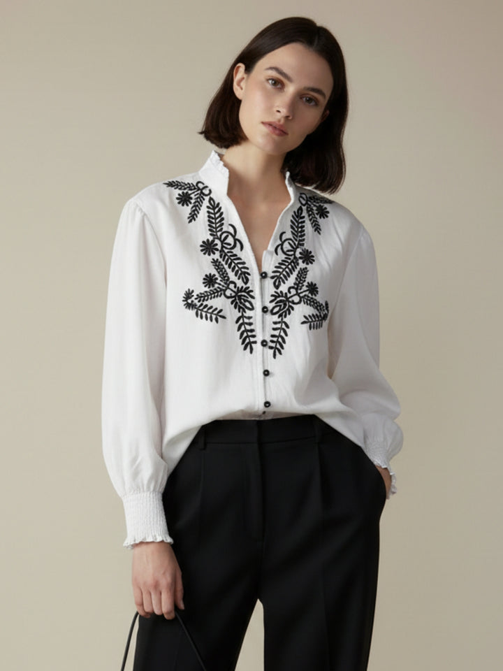 White Plunge Neck Floral Printed Blousson