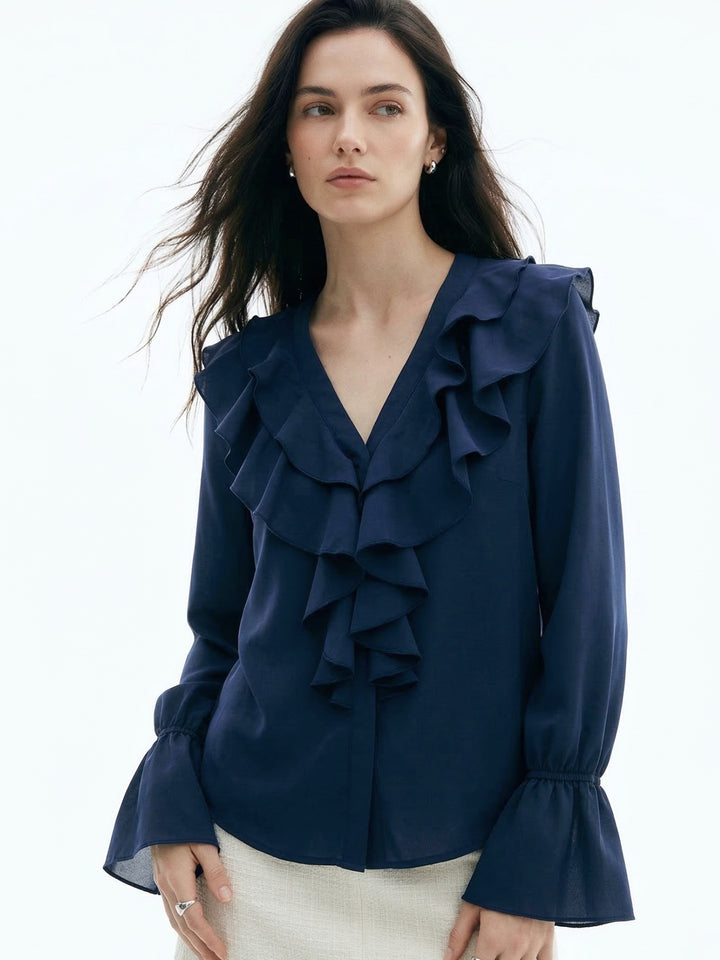 Navy Blue Ruffle Detail Bishop Sleeve Top