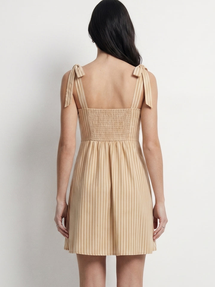 Beige Square Neck Striped Tie Up Strap Dress