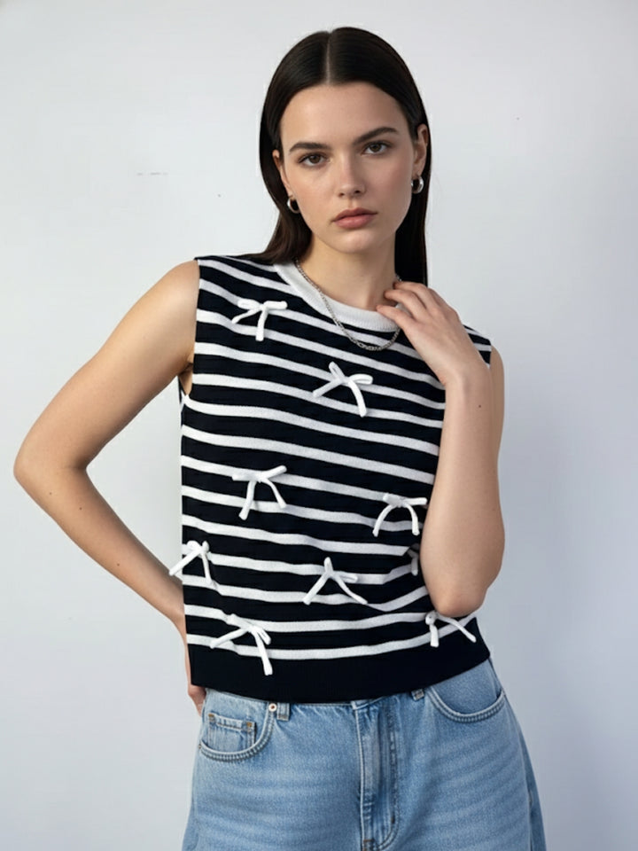 Black Sleeveless Striped Bow Detail Rop