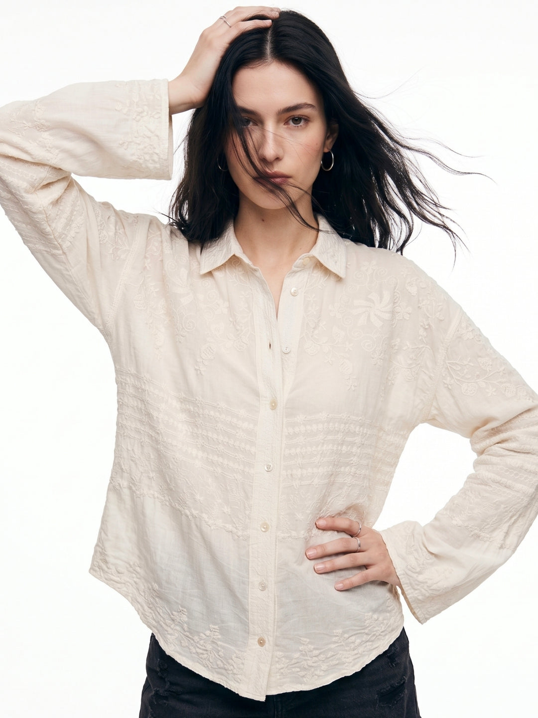 Off White Full Sleeve Scallop Hem Collared Semi Sheer Embroidered Shirts