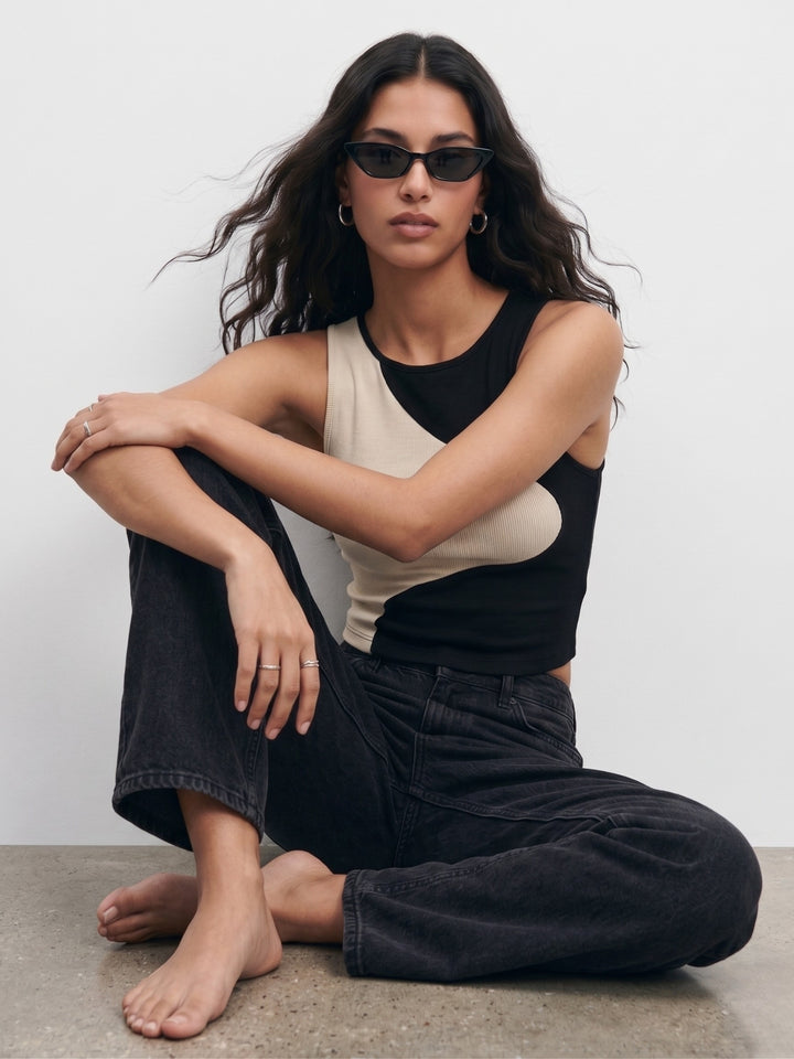 Cream Sleeveless Contrast Tank Top