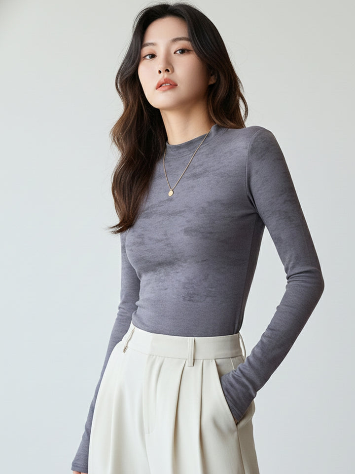 Blue Full Sleeve Crew Neck Abstract Printed Fitted Top