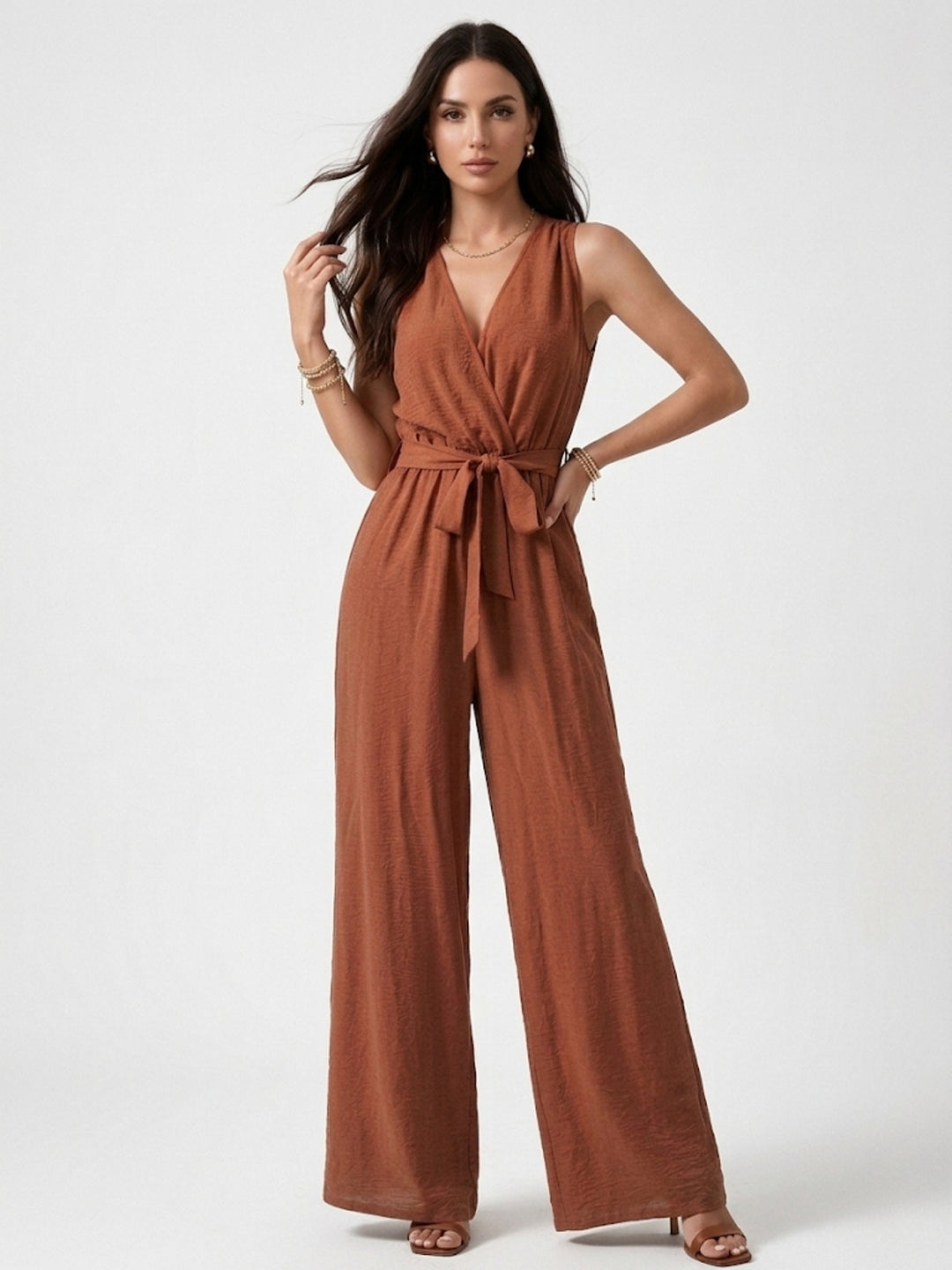 Rust Sleeveless Jumpsuit With Tie Up