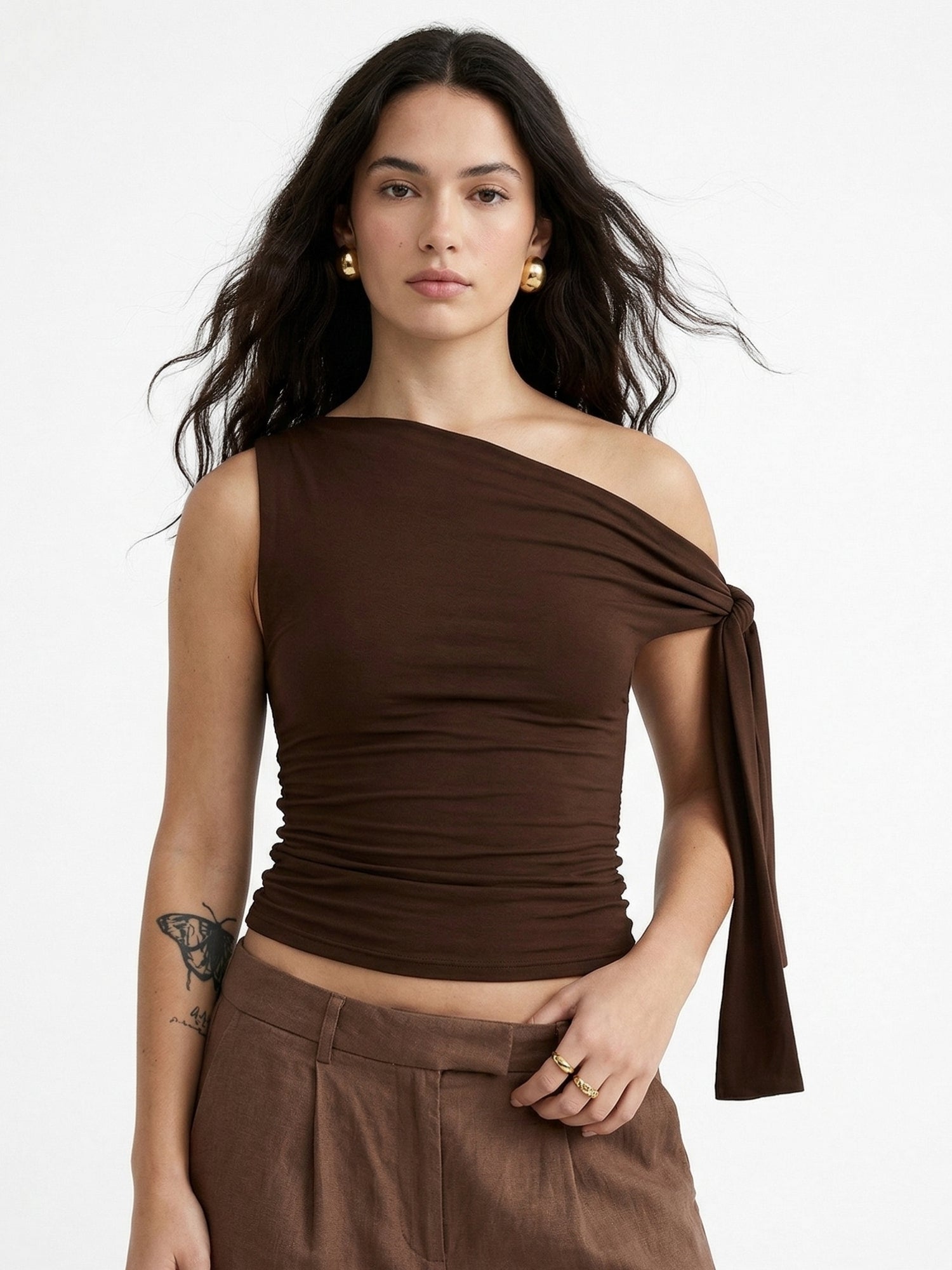 Brown One Shoulder Tie-Up Top
