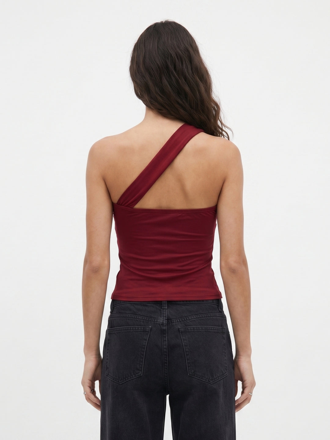 Maroon One Shoulder Metal Buckle Fitted Top