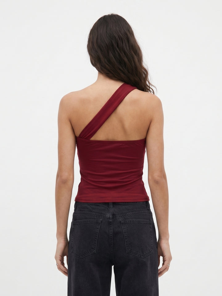 Maroon One Shoulder Metal Buckle Fitted Top