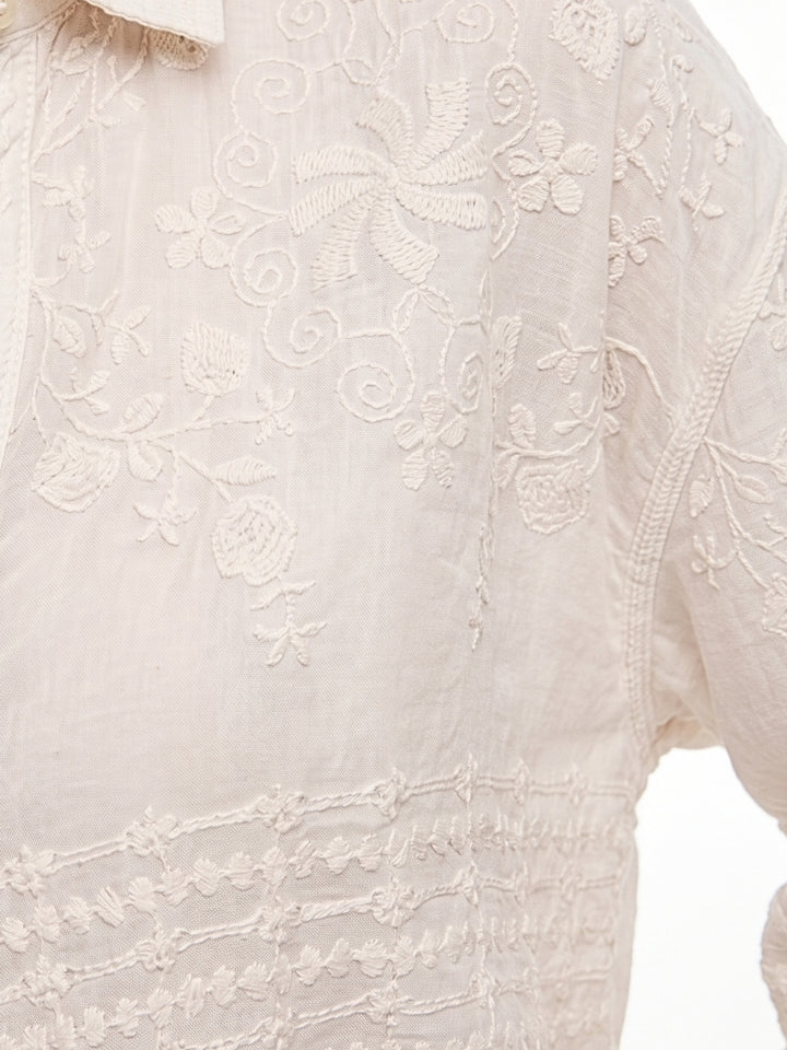 Off White Full Sleeve Scallop Hem Collared Semi Sheer Embroidered Shirts