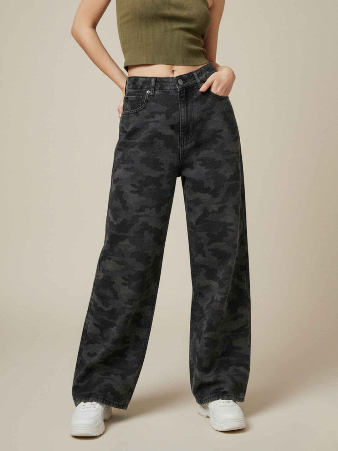 Grey High Waist Printed Jeans
