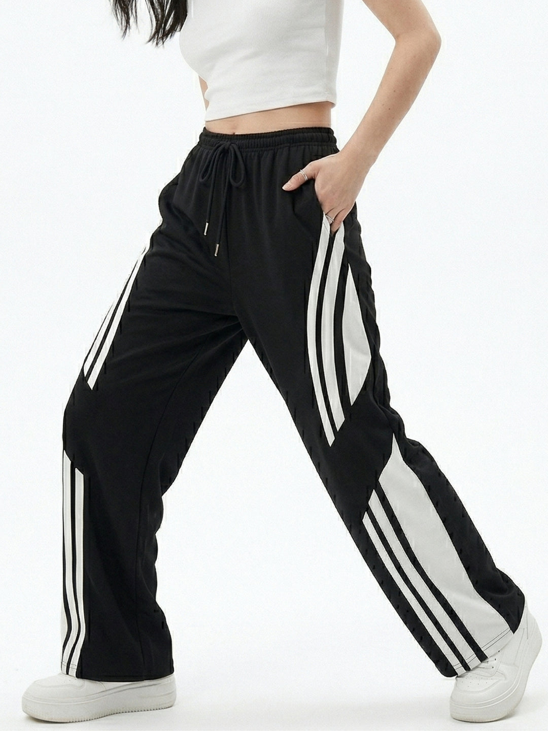 Black High Waist Side Striped Sweatpants