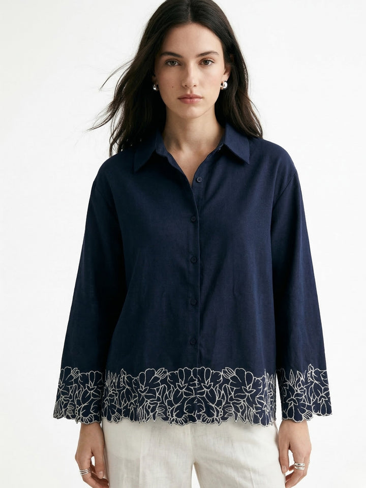 Navy Blue Flower Appliqued Front Buttoned Shirt