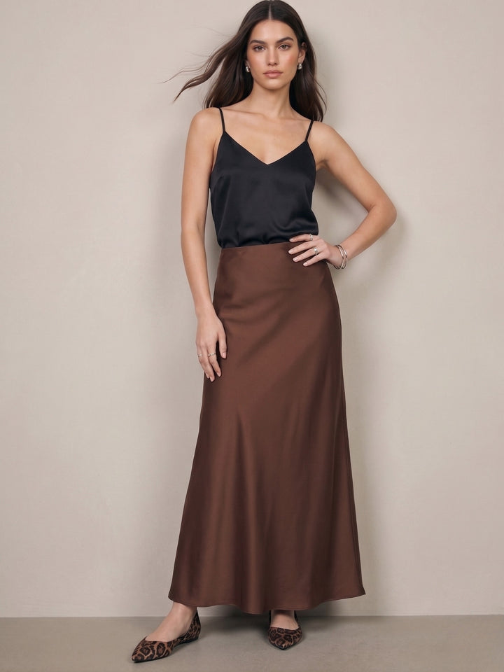 Brown High Waist Satin Skirt