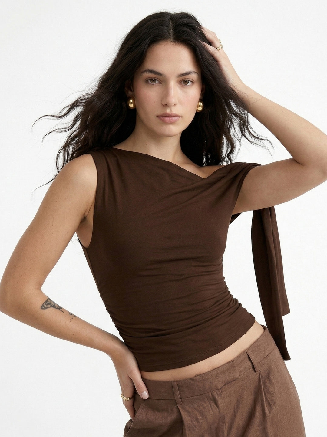 Brown One Shoulder Tie-Up Top