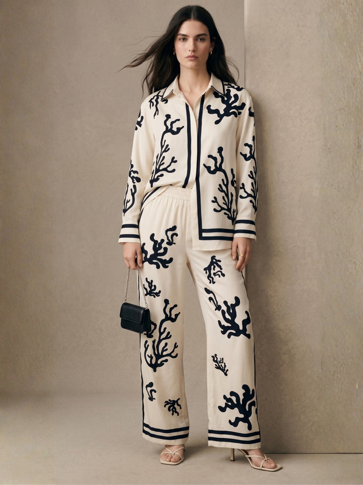 White Printed Shirt And Pant Set