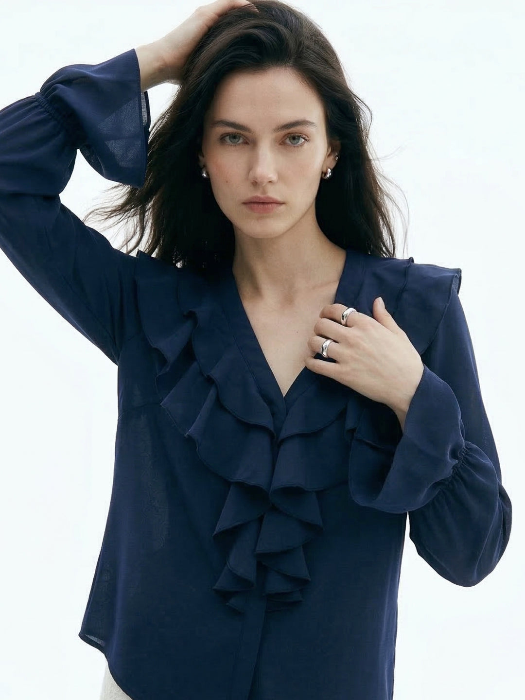 Navy Blue Ruffle Detail Bishop Sleeve Top