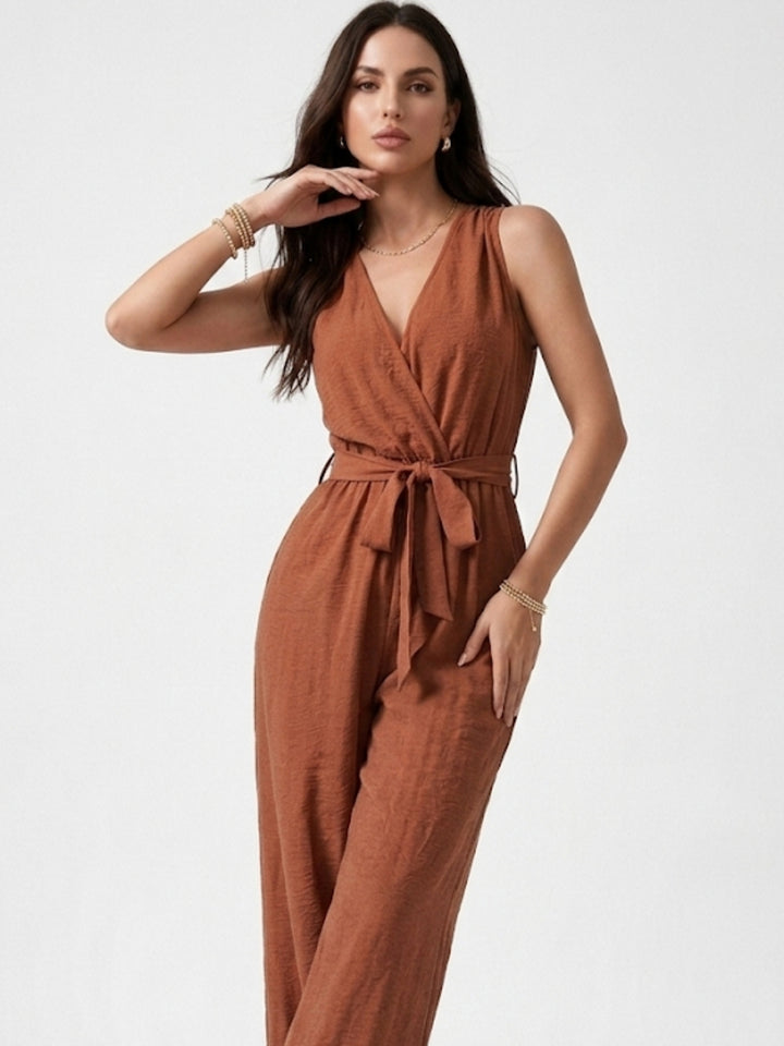 Rust Sleeveless Jumpsuit With Tie Up