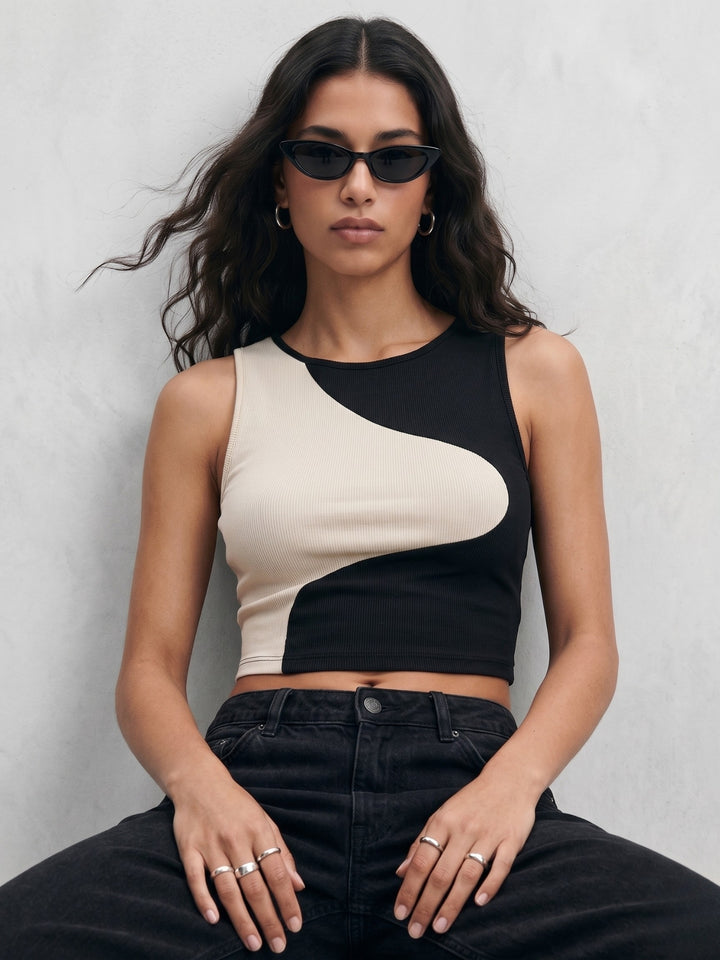 Cream Sleeveless Contrast Tank Top