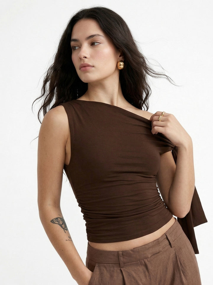 Brown One Shoulder Tie-Up Top
