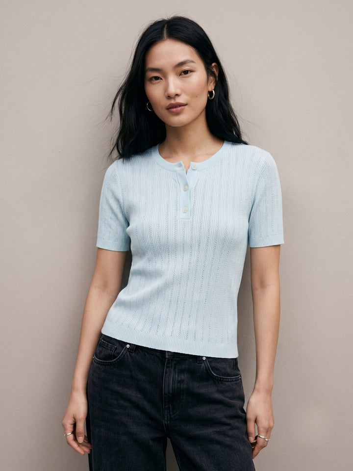 Blue Pointelle Textured Half Button Down Top