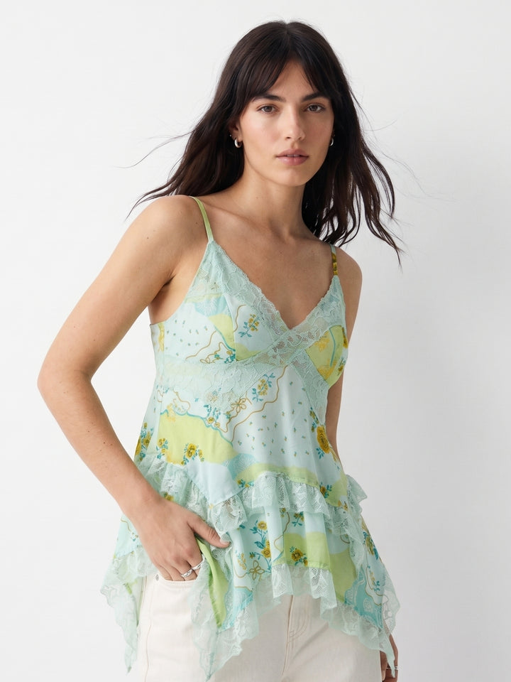 Green Spaghetti Strap Ruffle Hem Top