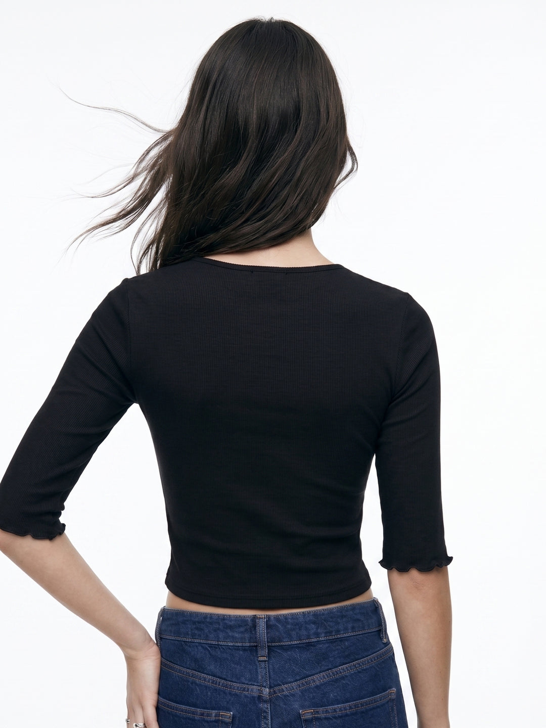 Black Quarter Sleeve Lace Edge V-Nec Top