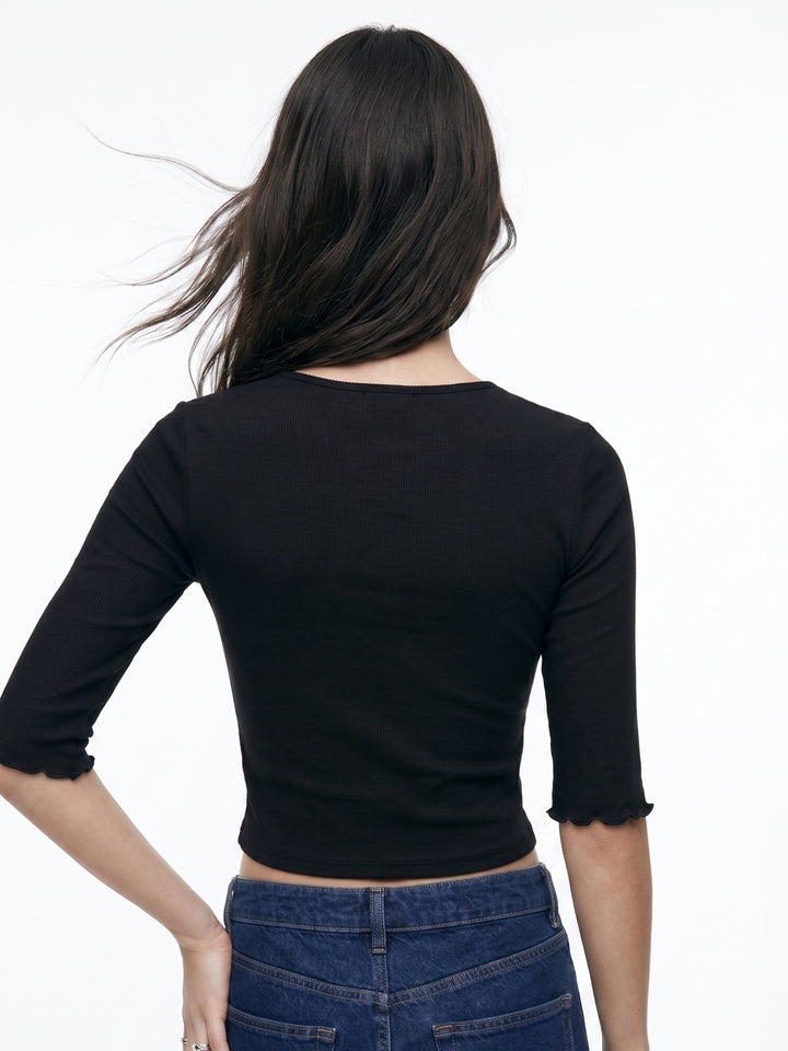 Black Quarter Sleeve Lace Edge V-Nec Top