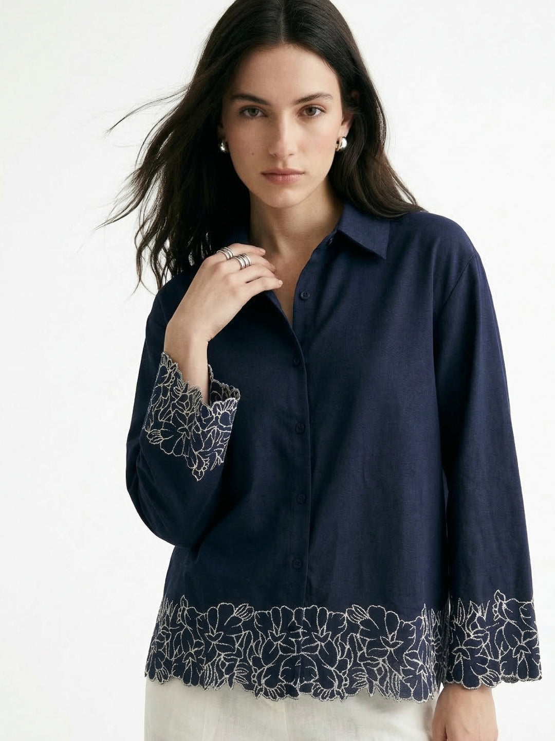 Navy Blue Flower Appliqued Front Buttoned Shirt