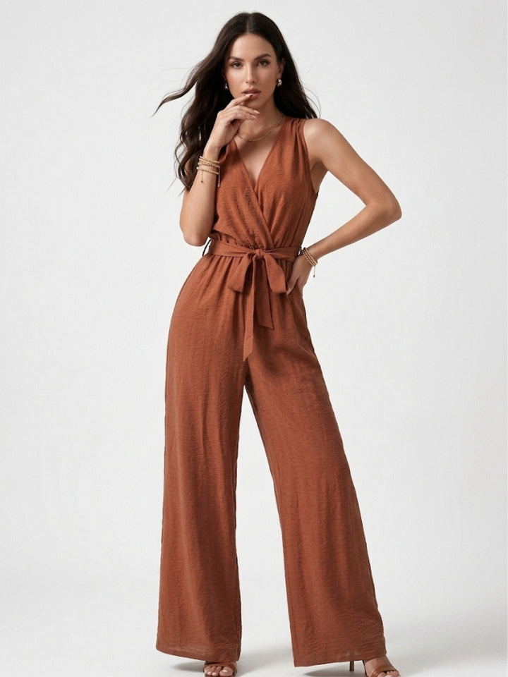 Rust Sleeveless Jumpsuit With Tie Up