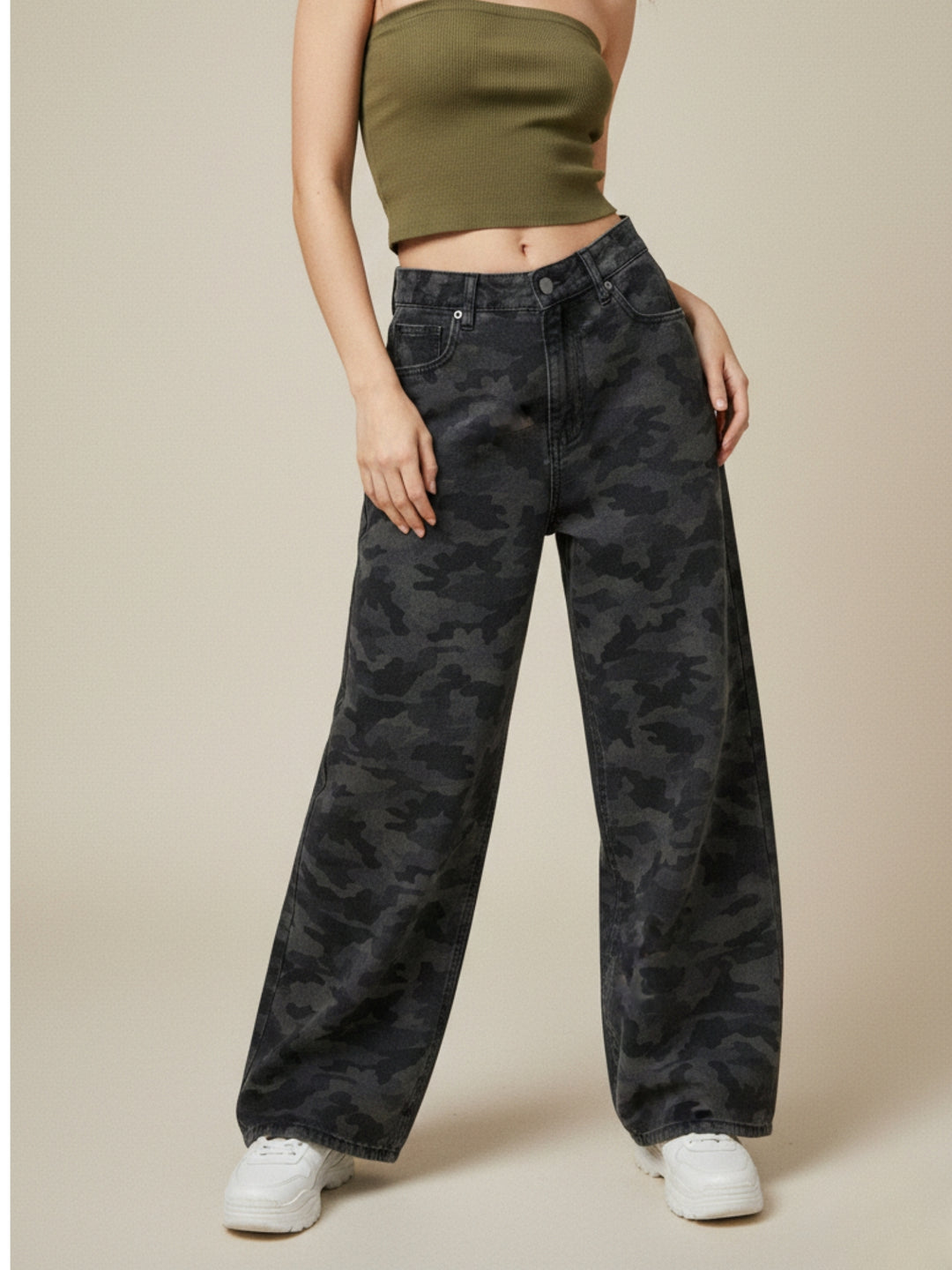 Grey High Waist Printed Jeans