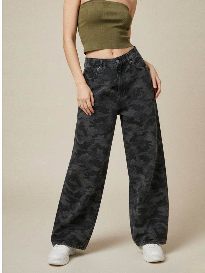 Grey High Waist Printed Jeans