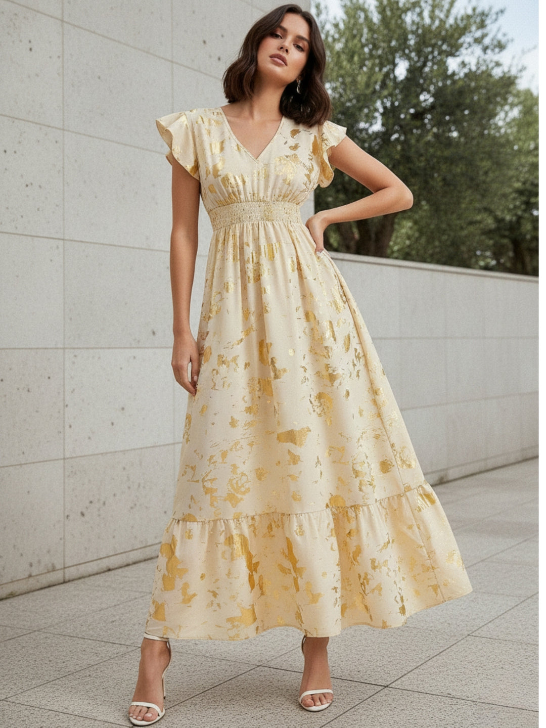 Cream Ruffle Sleeve V Neck Printed Dress