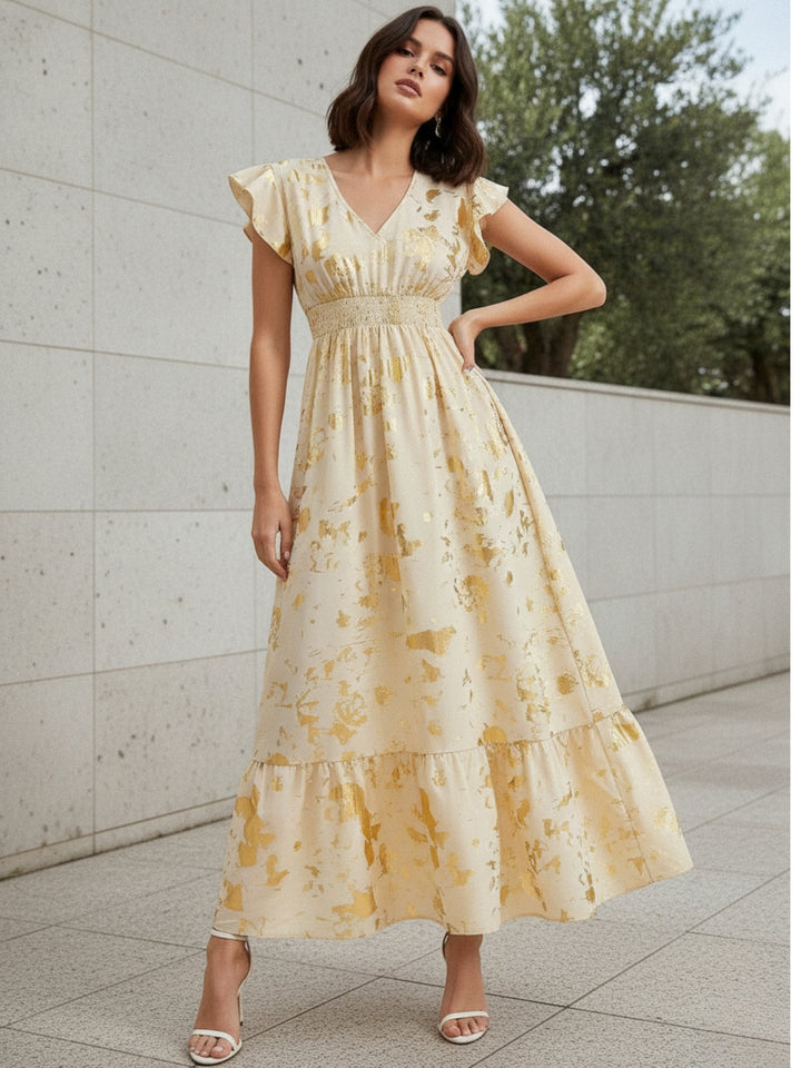 Cream Ruffle Sleeve V Neck Printed Dress