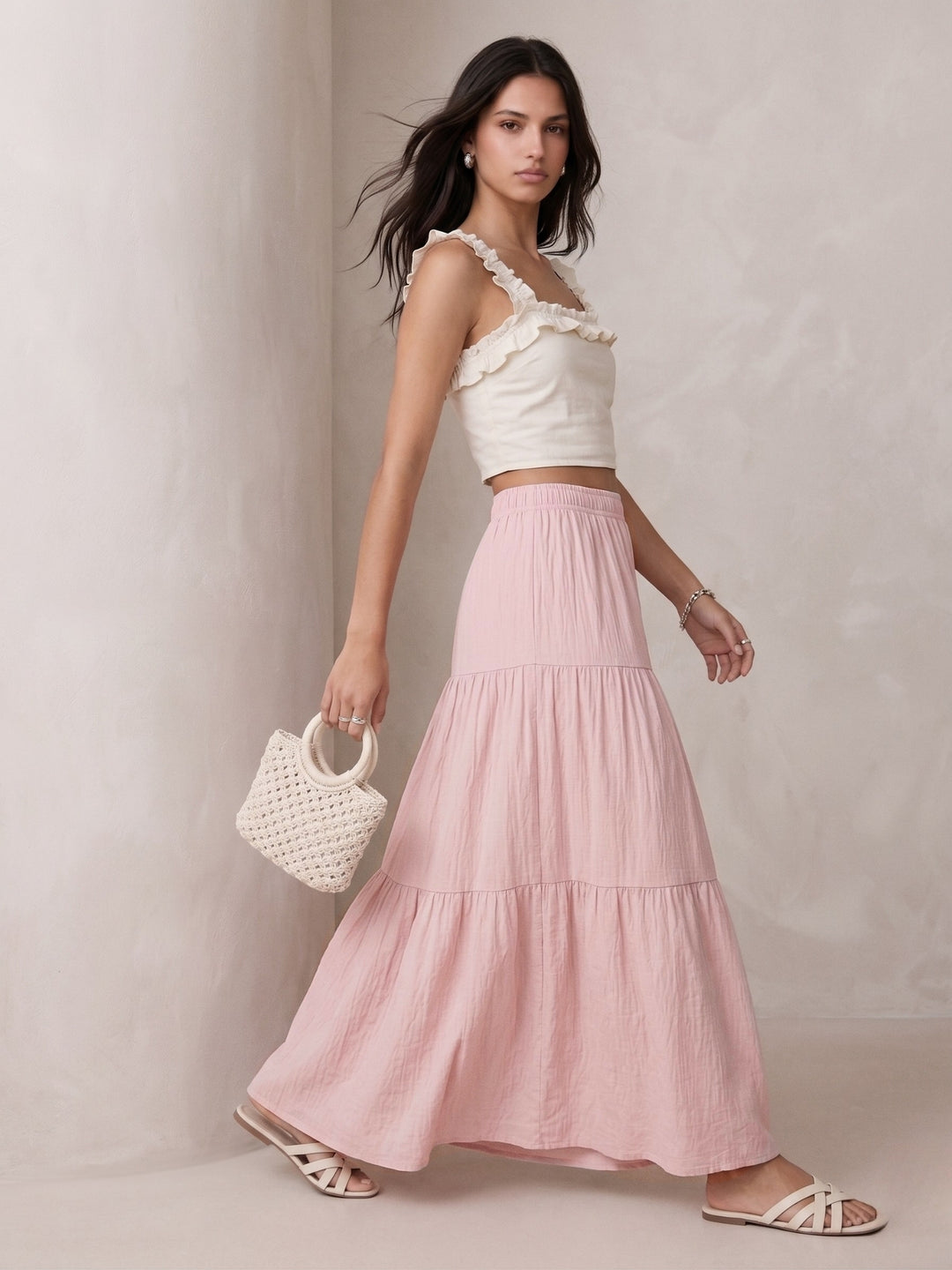 Pink High Waist Flared Skirts
