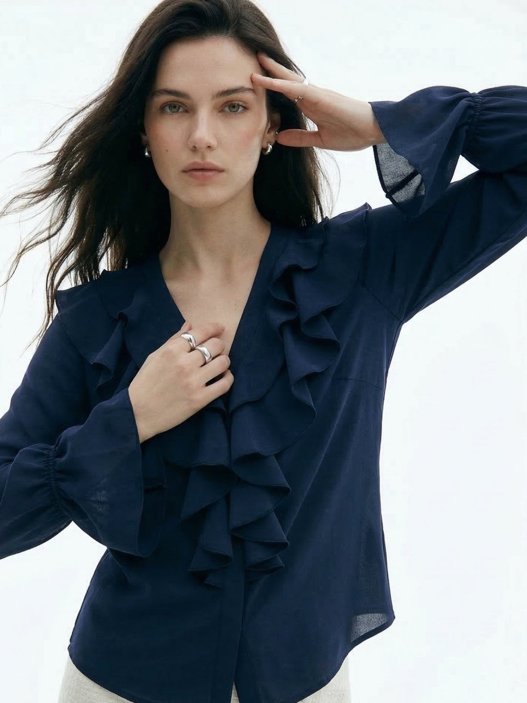 Navy Blue Ruffle Detail Bishop Sleeve Top