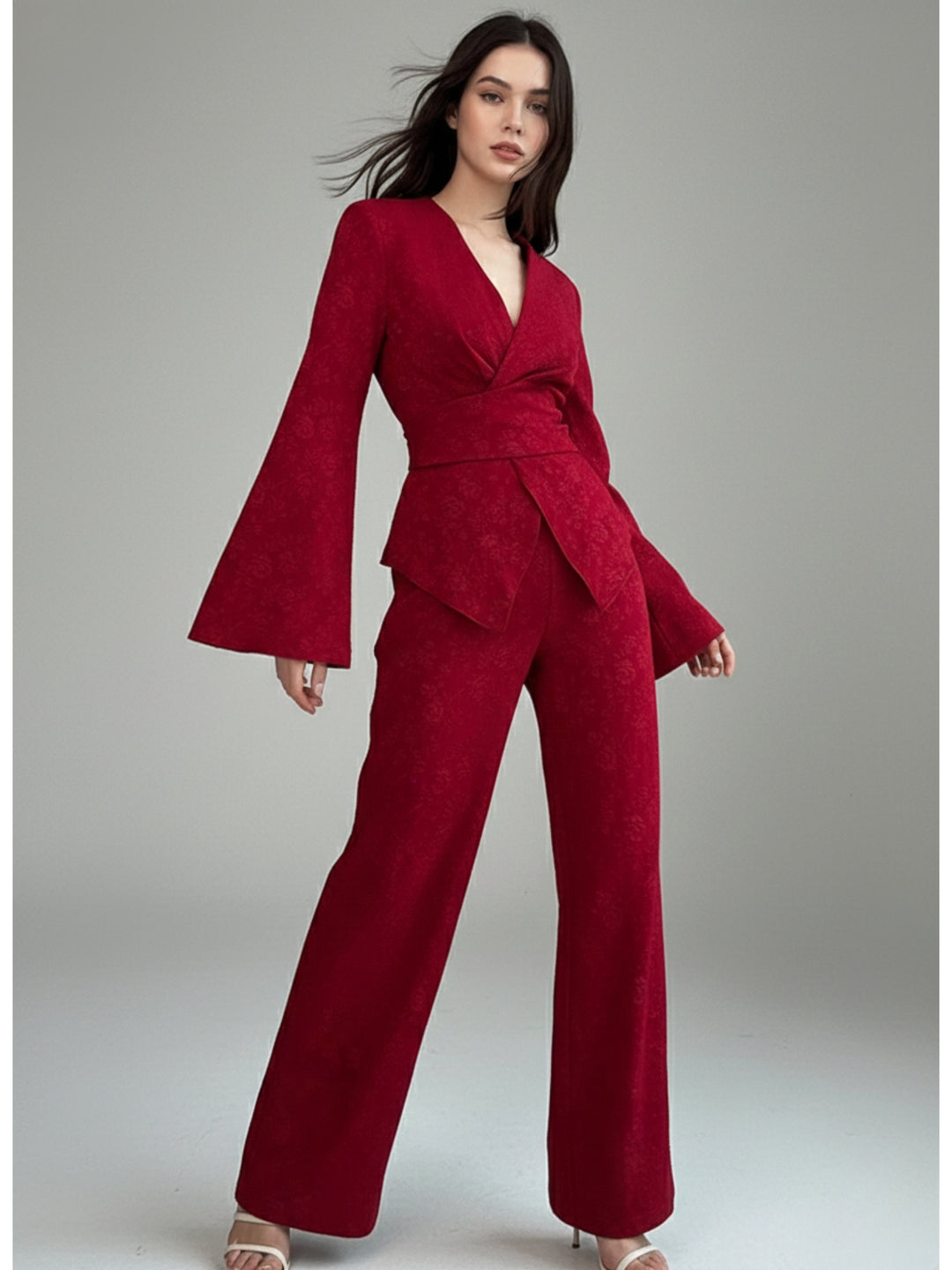 Red Textured Wrap Top And Pants Co-Ord Set