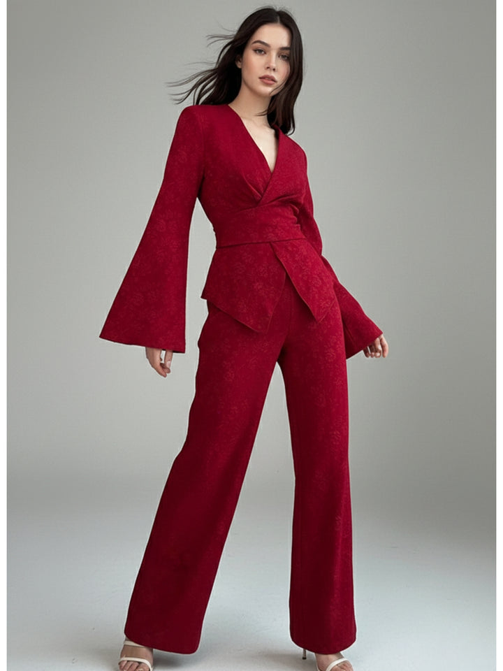 Red Textured Wrap Top And Pants Co-Ord Set