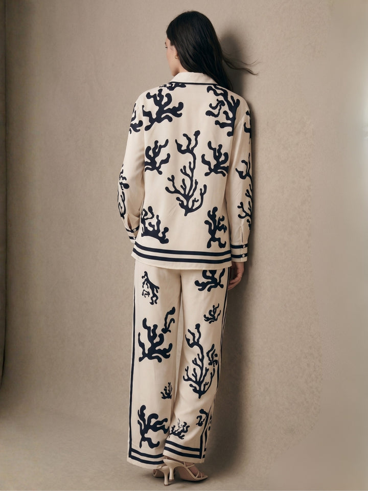White Printed Shirt And Pant Set