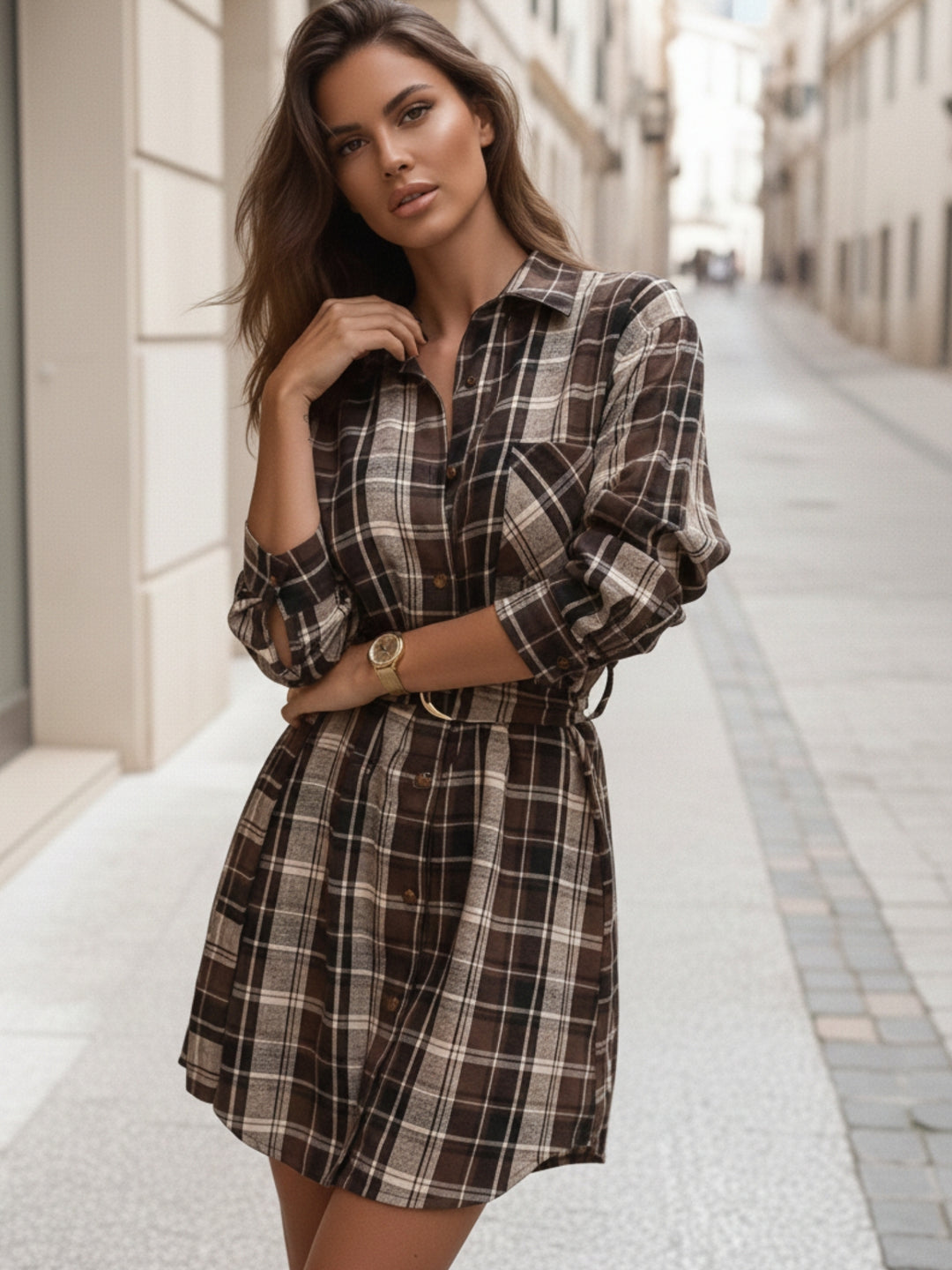 Multi Plaid Belt Accessorized Dress