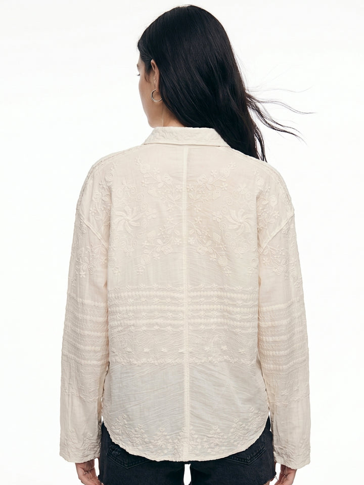 Off White Full Sleeve Scallop Hem Collared Semi Sheer Embroidered Shirts