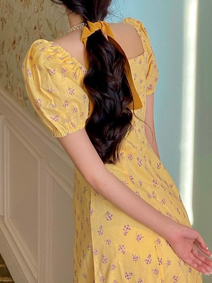 Yellow Square Neck Midi Dress With Puff Sleeve