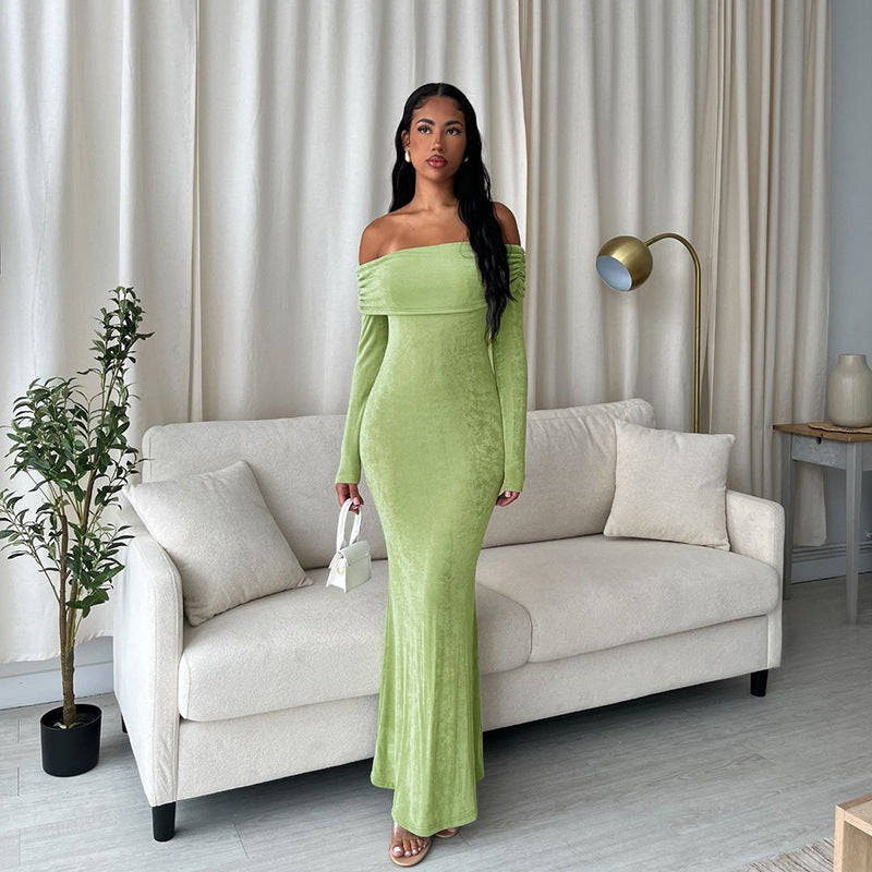 Green Off-Shoulder Fit And Flare Dress