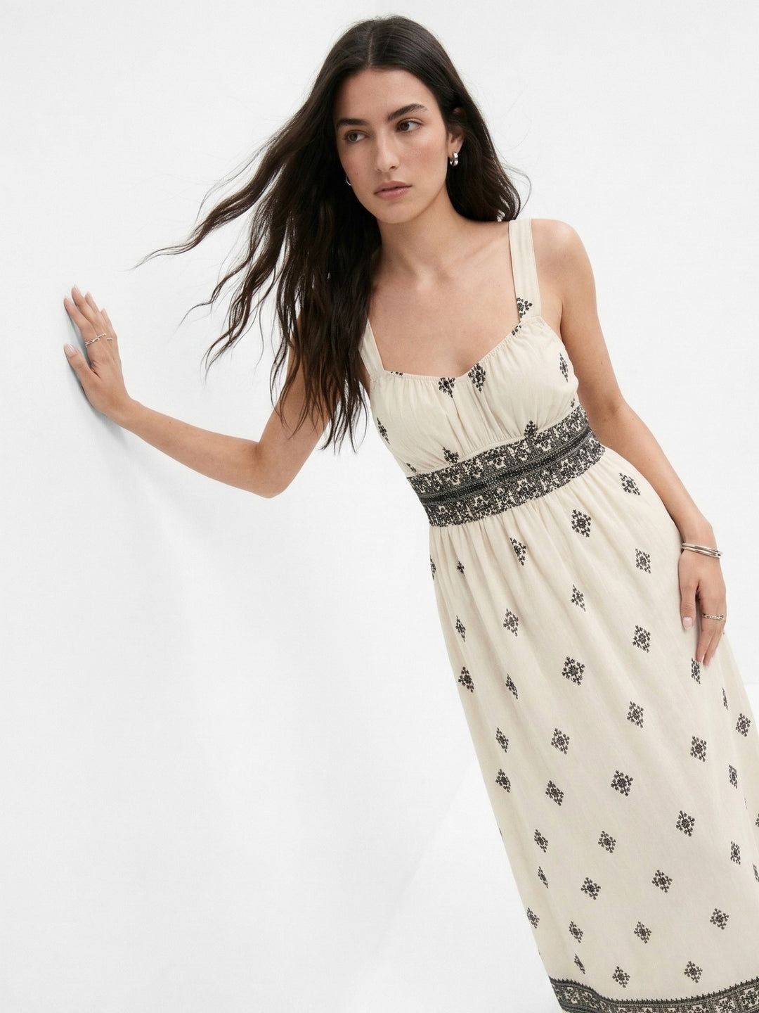 Off White Shoulder Strap Printed Dress