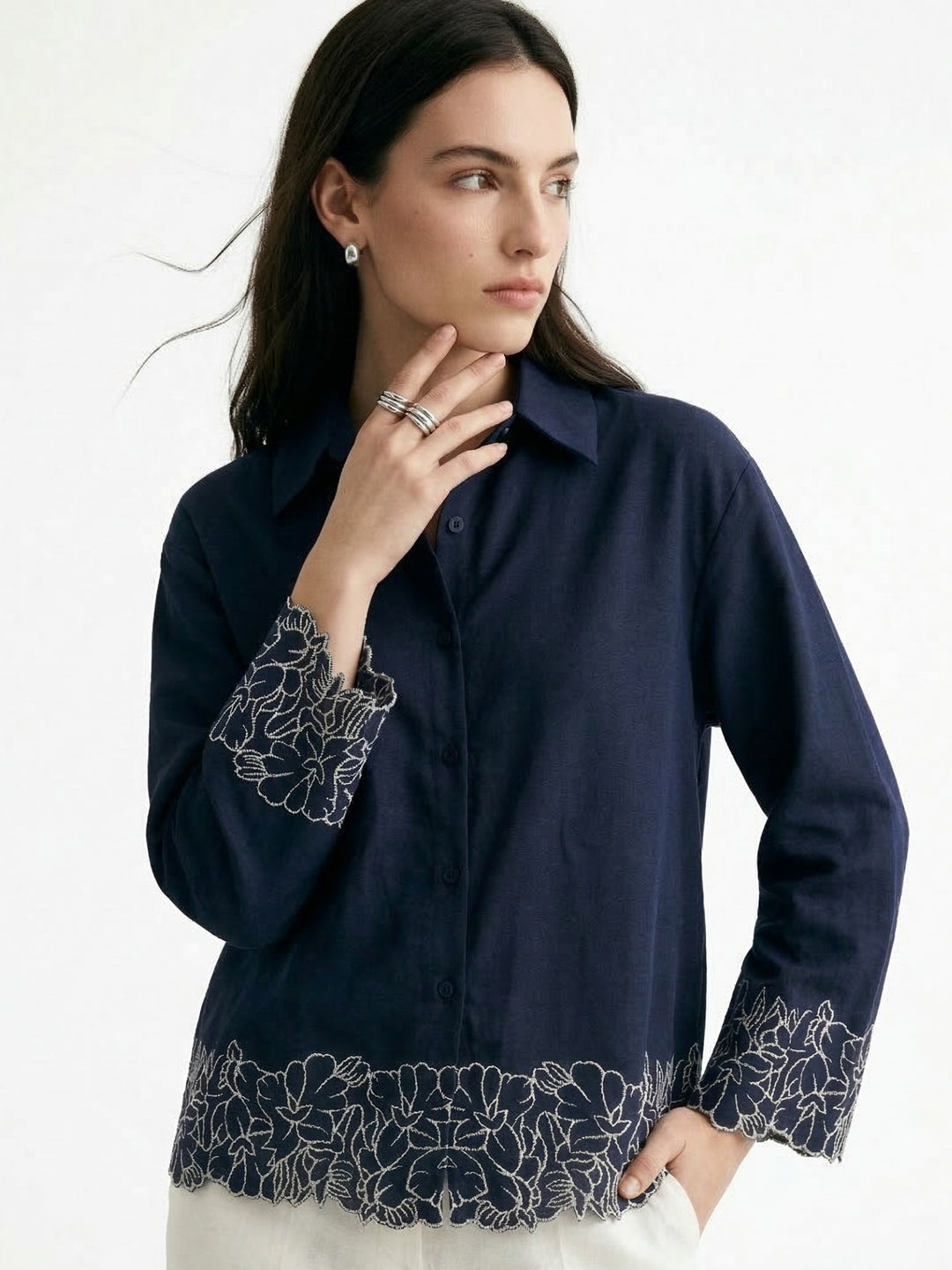 Navy Blue Flower Appliqued Front Buttoned Shirt