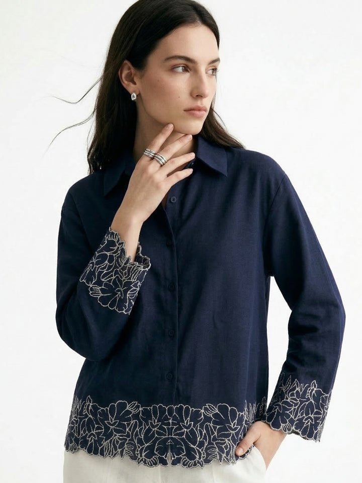 Navy Blue Flower Appliqued Front Buttoned Shirt