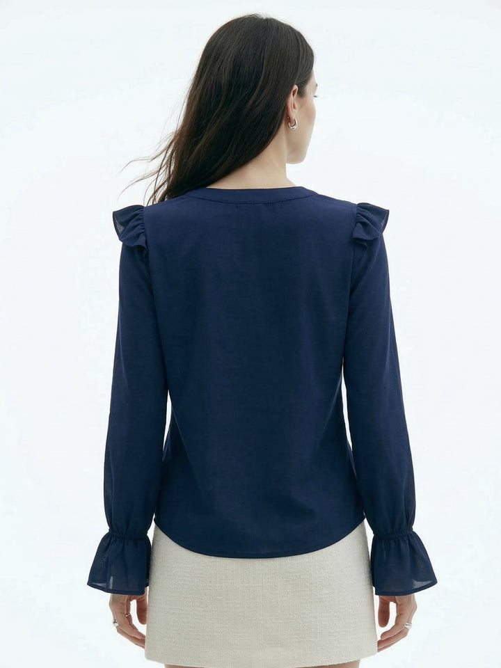 Navy Blue Ruffle Detail Bishop Sleeve Top