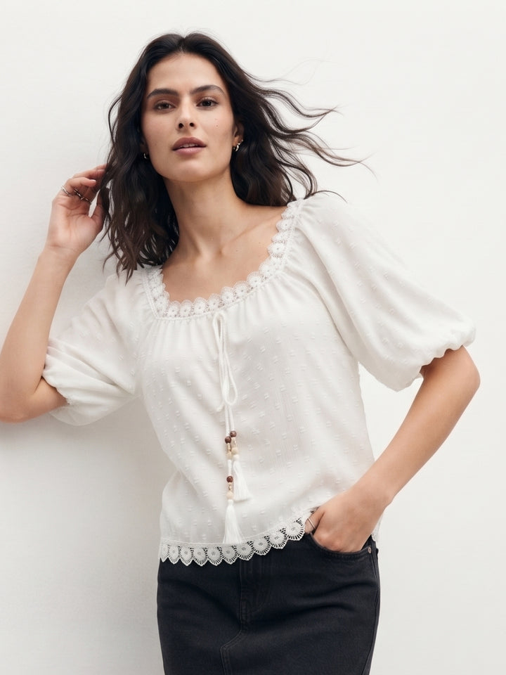White Puff Sleeve Lace Edge Front Tie-Up Top
