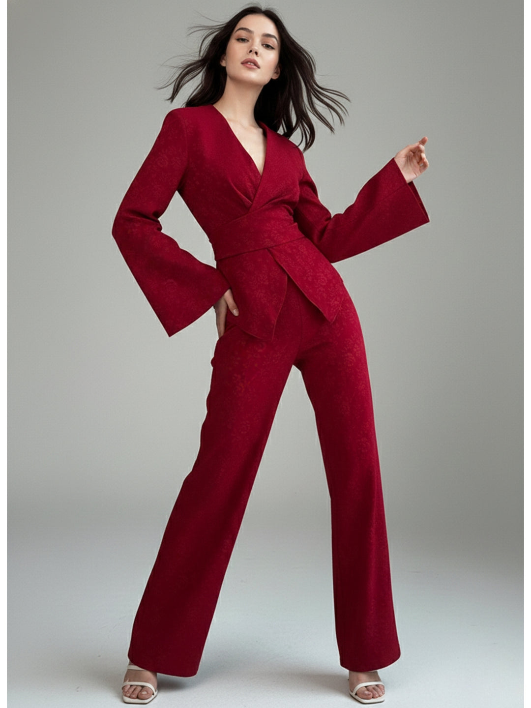 Red Textured Wrap Top And Pants Co-Ord Set