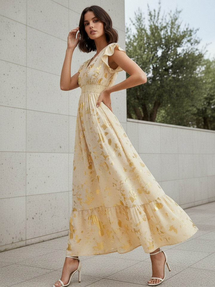 Cream Ruffle Sleeve V Neck Printed Dress