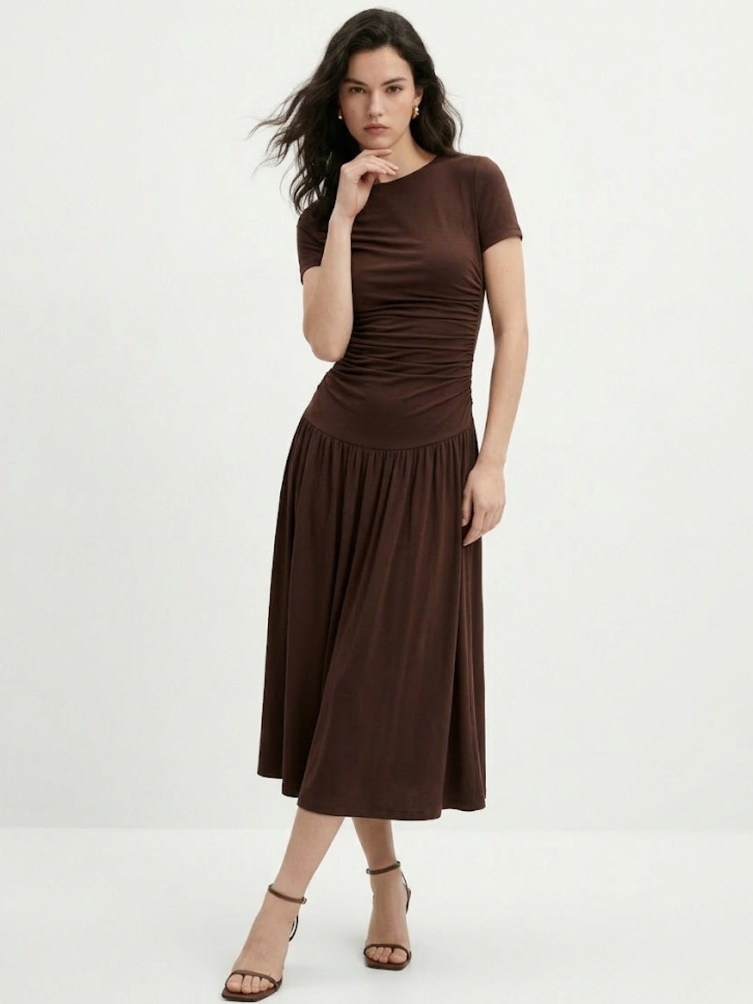 Brown Fitted Dress With Flowy Hem